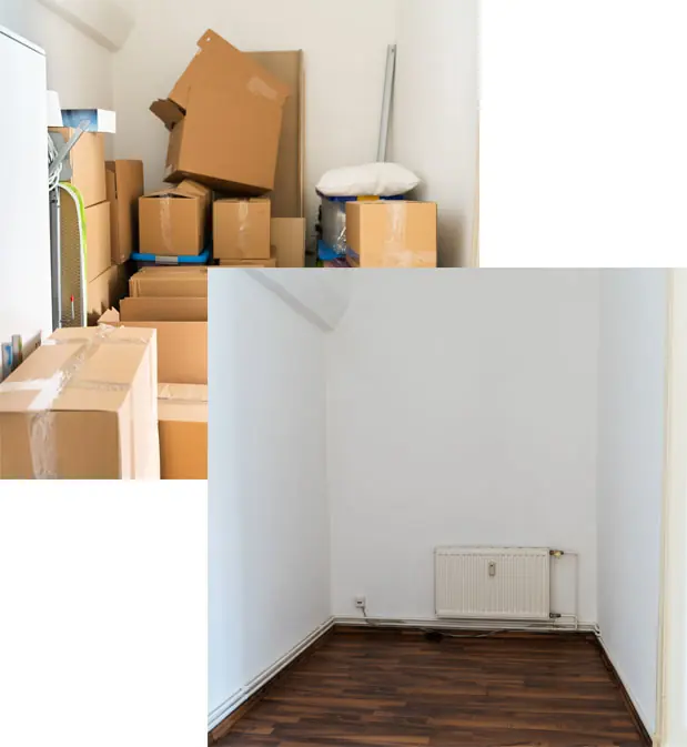 Vorher-Nachher Haushalts- und Betriebsauflösung Vorher-Nachher einer Betriebsauflösung: voller Lagerraum – leerer, sauberer Raum.